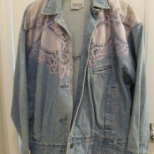 Denim Jean Jacket Embellished with Eyelet Overlay by Together (Vintage)